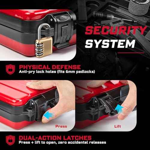 11¡±Red Tools Box, Portable Steel Heavy-duty Tool Case with Safety Latch and Handle for Tools Storage and Organizers, Home DIY