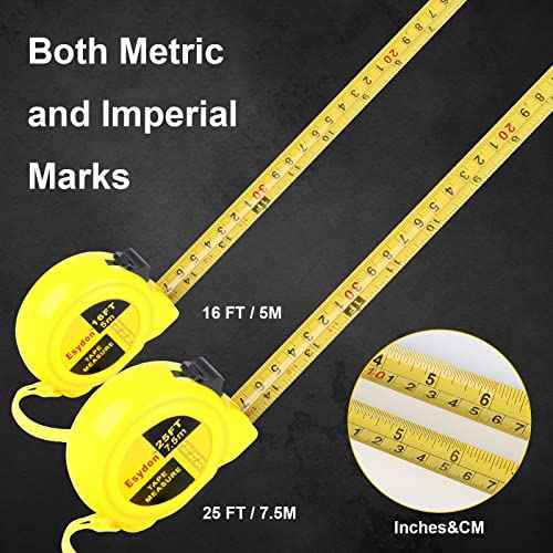 2 Packs Tape Measure 25 ft /16 ft, Esydon Measuring Tape Extendable, Self-Locking Tape Measurer, Easy Read Imperial/Metric Scale Measurement Tape for Designer, Decorator, & Handicraftsman