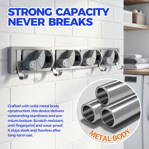 Holikme Silver Wall Mount Mop & Broom Holder with 4 Hooks, Metal Organizer