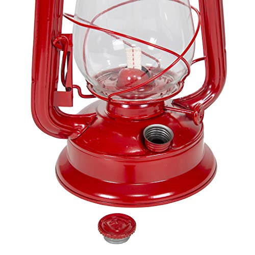 12 Inch Stansport Hurricane Lantern - Red Metal Oil Lamp with Adjustable Wick & Glass Globe, Portable Emergency & Camping Light