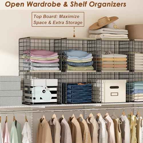 4-Tier Stackable Closet Organizers and Storage, Dual-Layer Reinforced Clothing Cube Shelves with Wood Tops, Sturdy Clothes Storage Bins & Shelf Basket for Wardrobe, Closet Organizer System