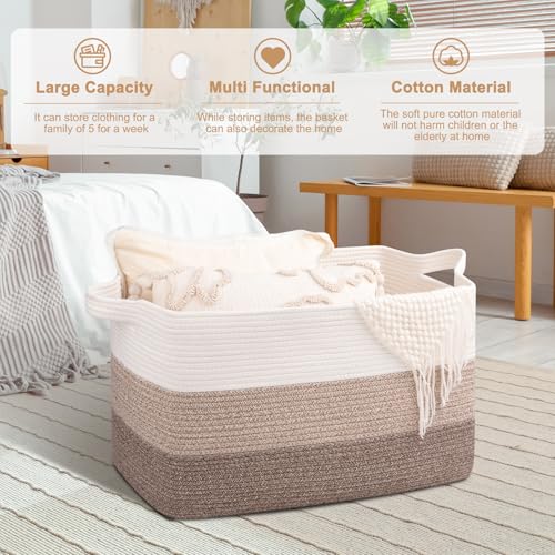 OIAHOMY Gradient Brown Extra Large 95L Cotton Rope Laundry Basket 24"×17"×14"