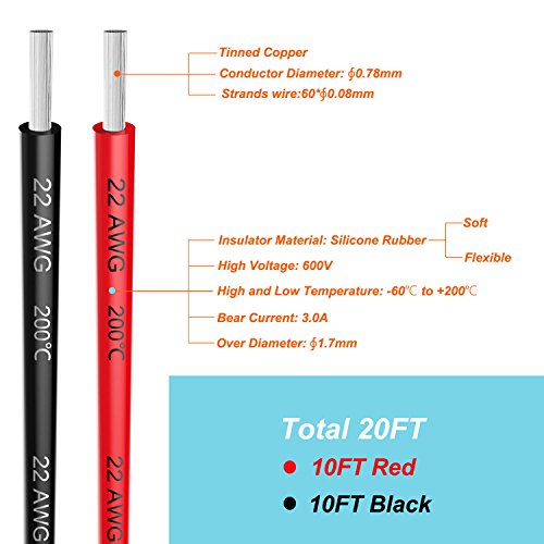 Haerkn 20ft Silicone Electrical Wire Cable 22AWG Tinned Copper, 2 Colors (Black & Red) - Flexible High-Temperature Wire for Electronics, 10ft Each