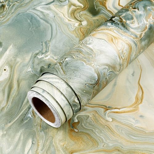 LACHEERY Green and Gold Marble Contact Paper for Countertops Matte Marble Countertop Peel and Stick Waterproof Bathroom Wallpaper Peel and Stick Countertops for Kitchen Counter Top Cabinets 15.8"x80"