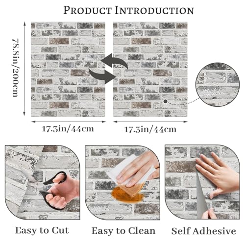 PeonyQueen 17.3 x 78.8 Inch Gray Peel and Stick Brick Wallpaper - Realistic Faux Vinyl Wall Covering