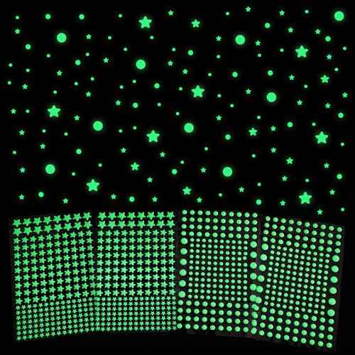 TIESOME 826 Pcs Glow in The Dark Wall Stickers, 422 Pcs 3D Glow in The Dark Stars for Ceiling Decor 404Pcs Green Dots Glowing Wall Decals Ceiling Decor Stickers for Bedding Room Party Birthday Gift
