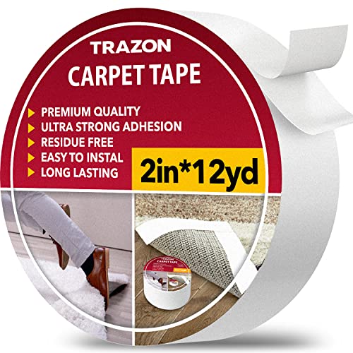 Trazon Double Sided Carpet Tape 2 Inch / 12 Yards Heavy Duty Rug Gripper for Hardwood Floors & Rugs