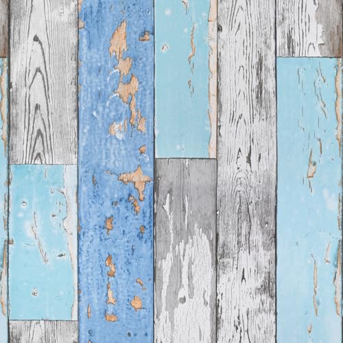 Caltero Wood Plank Wallpaper 17.7" ¡¿ 118" Blue Distressed Wood Wallpaper Peel and Stick Wood Grain Contact Paper Vintage for Furniture Bedroom Countertop Cabinet