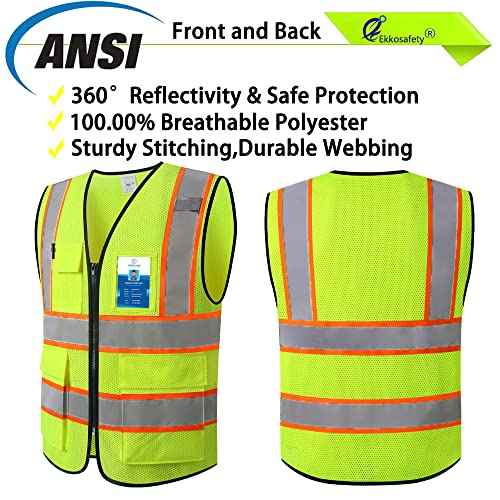 Reflective Mesh Safety Vest for Men Women with 5 Pockets and Zipper Front High Visibility Mesh Vest Hi Vis Construction Work Vest,Meets ANSI/ISEA Standards(EK175-Yellow-L)