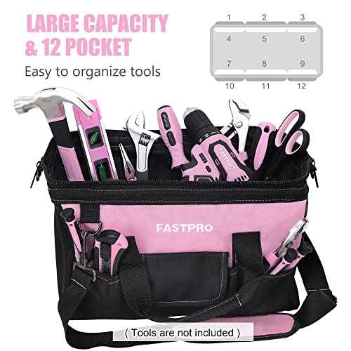 FASTPRO 14-Inch Pink Tool Bag for Women, Zip-top Wide Mouth Open Tool Organizer, with Adjustable Shoulder Strap