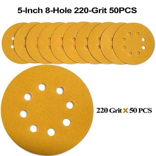 5-Inch 8-Hole Hook and Loop Sanding Discs 220-Grit Random Orbit Sandpaper, 50-Pack