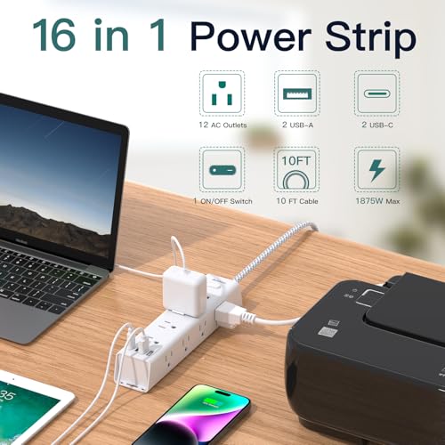 Addtam White 10FT Surge Protector Power Strip with 12 AC Outlets & 4 USB Ports