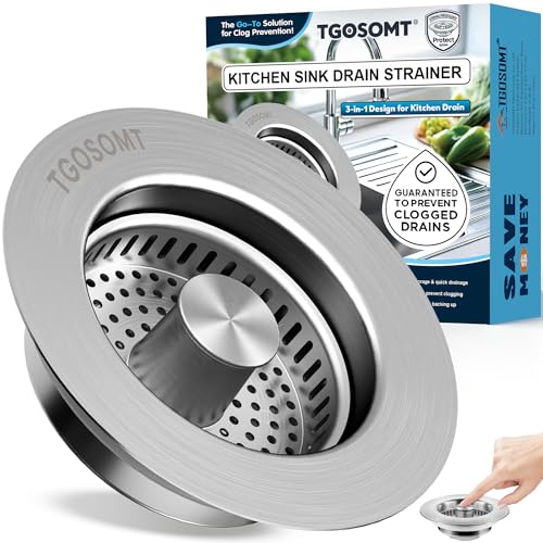 TGOSOMT Brushed SUS 304 Kitchen Sink Drain Stopper & Strainer 3-in-1, 1 Pack
