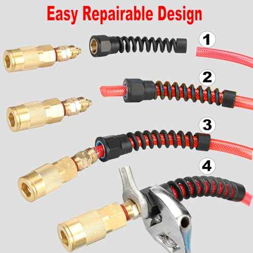 Keepro Polyurethane Recoil Air Hose, 1/4 Inch ID By 25 Feet Long Air Compressor Hose with Repairable Solid Brass 1/4" Industrial Quick Coupler and Plug, 145 PSI Maximum Pressure, Red
