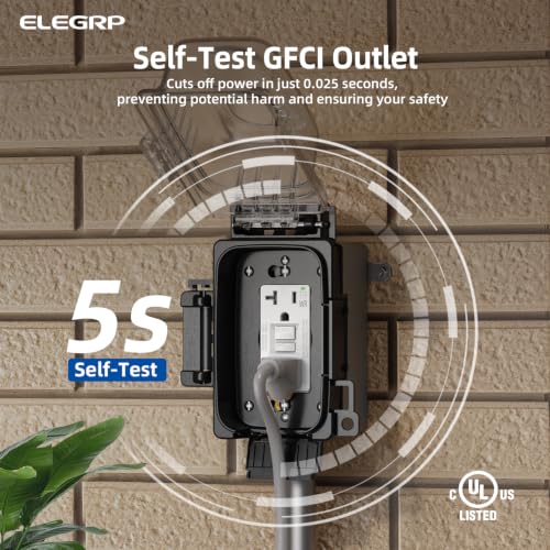 ELEGRP 20A GFCI Outdoor Outlet Kit with Lockable Cover, Metal Box, Self-Test