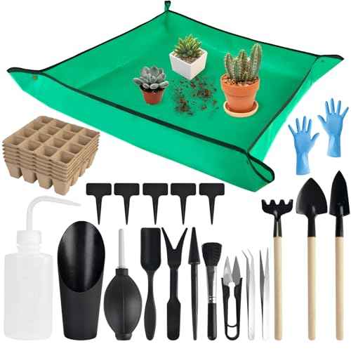 succulentlovers 26PCS Succulent Tools Set, Indoor Gardening Tools Kit Includes 39" Plant Repotting Mat & 19 Pcs Mini Succulent Hand Tools & 96 Cells Seed Starter Trays for Indoor Plant Care Gifts