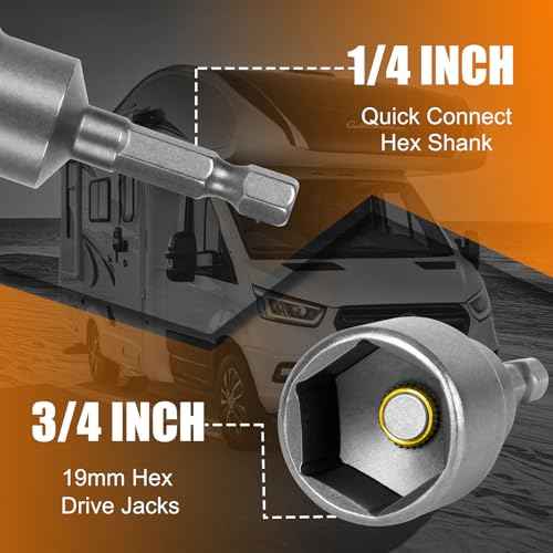 Leveling Scissor rv-Jacks Socket Drill Adapter with 1/4 Quick Connect Hex Shank Tools, Works with All 3/4 or 19mm Hex Drive Jacks,Power Nut Driver Bit Set 2 Pieces CQSPMOTO (Normal)