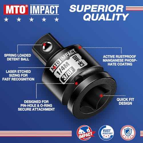 MTO 2-Piece 3/8" Female to 1/4" Male Impact Socket Adapter, 3/8-Inch Impact Socket Reducer, Chrome Molybdenum Alloy Steel, for Impact Wrench & Ratchet Use