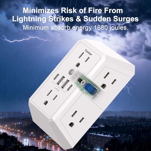 Teiobar White Wall Outlet Surge Protector with 6 Outlets & 4 USB Ports - Non-Night Light, 6-Outlets Version