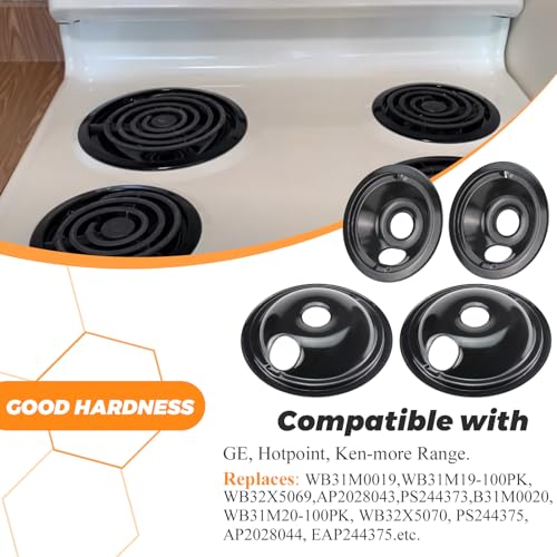 Porcelain Drip Pans for GE/Hotpoint Electric Stovetops — 4 Pack (2x6" + 2x8"), Black