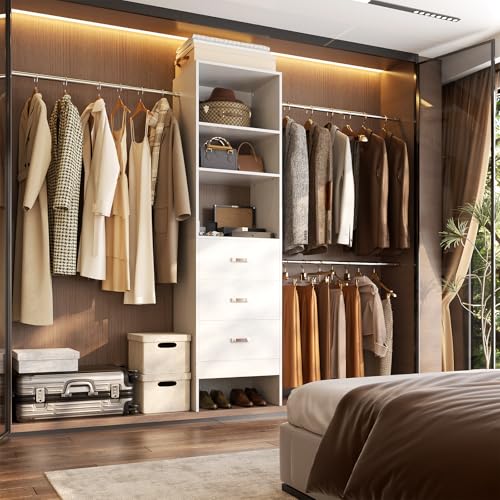 Besiost 96-Inch White Closet Organizer System with 3 Hanging Rods & Wooden Drawers - Adjustable 5-8FT Walk-In Wardrobe