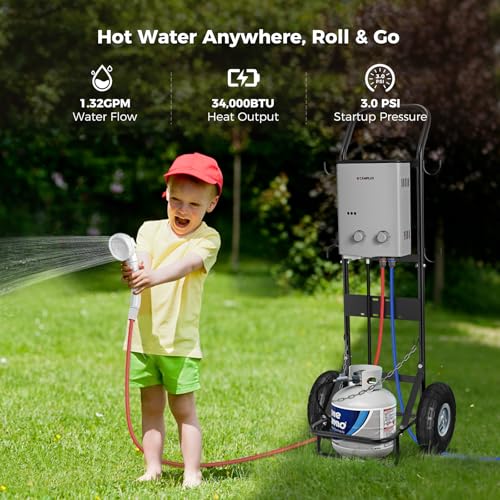 CAMPLUX 1.32 GPM Portable Tankless Propane Water Heater - Gray, Off-Grid & RV Ready, Battery Powered