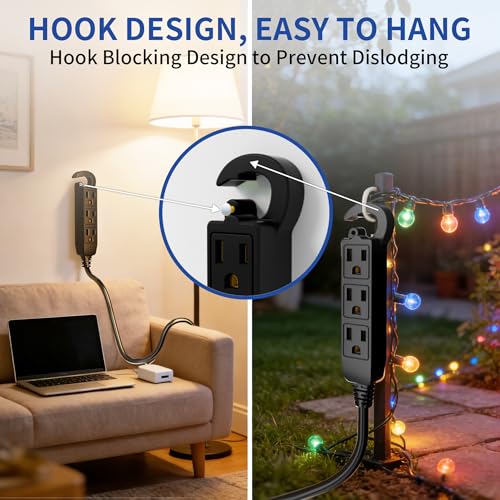 Cismorvex 15Ft Black 3-Prong Outdoor Extension Cord with Multiple Outlets
