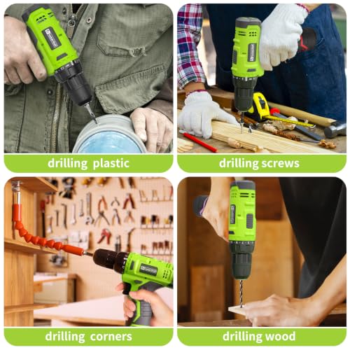 FADAKWALT Green 12V Cordless Drill Set with Battery & Charger, 21+1 Torque, LED Light
