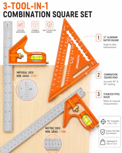 Matework 7in + 12in Combination Square Set – CNC Aluminum Carpentry Square, 12in Adjustable Square