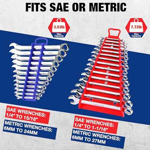 WORKPRO 4-PACK Magnetic Wrench Organizer, 2PC 15-Slot and 2PC 12-Slot Gripper Wrench Holder for Tool Boxes, Flexible Gripping Teeth and Carrying Handle, Fit for SAE and Metric, Blue, Red