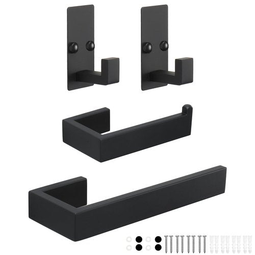 TocTen 4 Pcs Bathroom Hardware Set, Thicken Stainless Steel Hand Towel Bar Set-Includes 9 in Bath Towel Holder+Toilet Paper Holder+2 Robe Towel Hooks, Wall Mounted Bathroom Accessories Kit(Black)