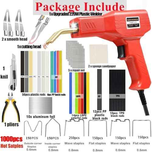 Upgraded 220W Plastic Welder, 2 in 1 Plastic Welding Kit Plastic Repair Welder Kit 1000PCS Hot Stapler Soldering Gun with 100PCS Plastic Welding Rods Car Bumper Repair Kit for Most Plastic Repair