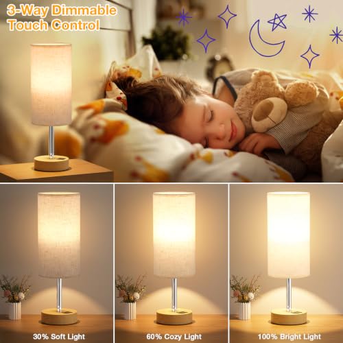 Dicoool Cream & Wooden 14-Inch Bedside Table Lamp with Touch Control & 3-Way Dimmable USB Charging