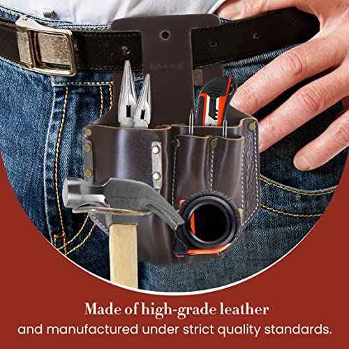 Style N Craft 4 Pocket Pliers, Hammer, Pencils & Tape Holder, Full-Grain Leather Tool Pouch, Multi Tool Holder, Dark Tan (#98017)