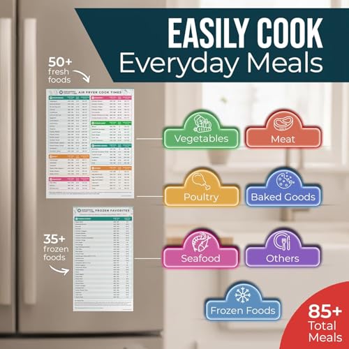 Air Fryer Cheat Sheet Set (White) – Magnetic Cooking Guide & Time Chart for 80+ Foods
