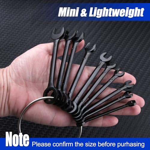 Mini Wrench Set Metric 10-Piece Ignition Wrench Set, 4-11mm Open End and Box End Combination Wrenches, Super Thin Small Wrenches with Zipper Bag and Key Ring for Small Fasteners, Black