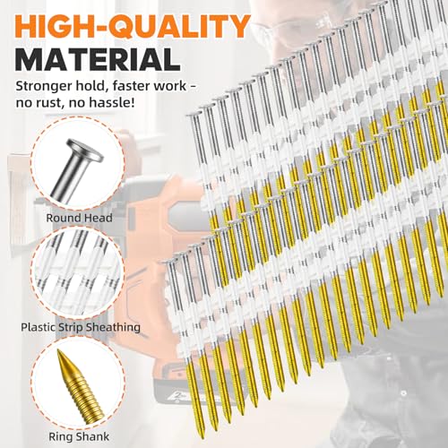 MossGrip 2 Inch x 0.113 Inch 2000 Count 21 Degree Ring Shank Framing Nails, Hot Dipped Galvanized, Compatible with Most Nail Guns