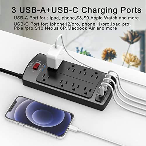 Nuetsa Black Surge Protector Power Strip with 8 Outlets & 4 USB Ports, 6ft Extension Cord