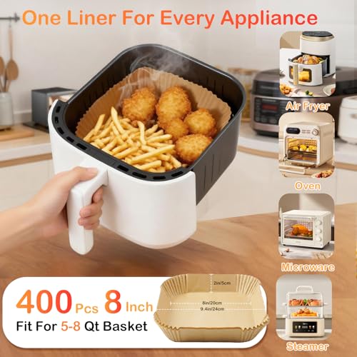 Adhjito 8" Square Air Fryer Liners 400 Pcs - Disposable Parchment Paper for 5-8 Qt