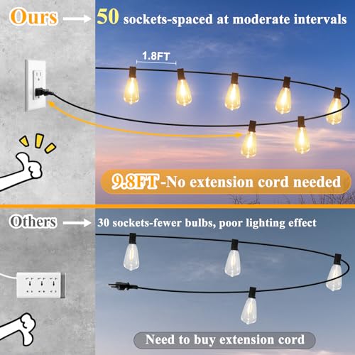 Brightever 100FT Outdoor String Lights with 52 Bulbs, Waterproof Black Wire, Warm White