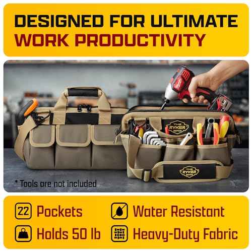 The Ryker Heavy Duty Tool Bags for Men/Women. 14 Inch Small Wide Mouth Mechanic/plumber/Contractor/Electrician Tool Bag Organizer 22Pockets Soft Portable Tools Bags Organizer Toolbag for plumbing