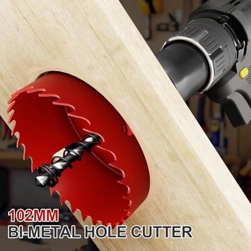 4 Inch (102mm) M42 Bi-Metal Hole Saw, Triangular Shank Hole Saw Drill Bit with Spring Tools for Wood, Plywood, Plastic, Gypsum Board, Various Thin Metal Sheets
