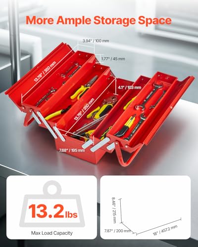 VEVOR 18-Inch 3-Tier 5-Tray Metal Tool Box with Dual Handles, Red