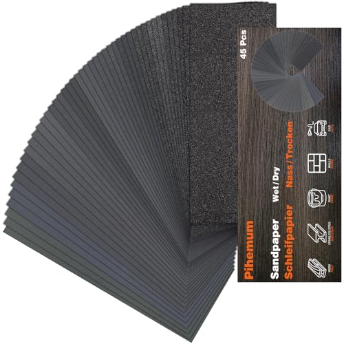 Pihemum 45 Pack Wet Dry Sandpaper Sheets 80-5000 Grit for Polishing & Finishing, 9x3.6 Inch