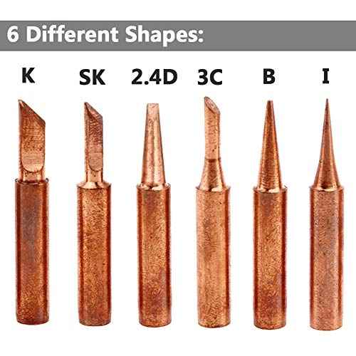 Yakamoz 12Pcs Soldering Tips Kit 900M Lead-Free Copper Solder Iron Tip Welding Tool Replacement Accessories for Hakko, Radio Shack, TENMA, ATTEN, Quick, Aoyue, Yihua Solder Station (6 Different Shape)