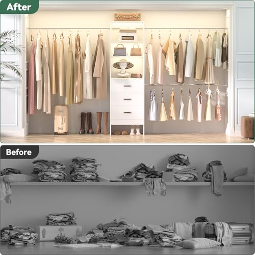 Besiost 96-Inch White Closet Organizer System with 3 Hanging Rods & Wooden Drawers - Adjustable 5-8FT Walk-In Wardrobe