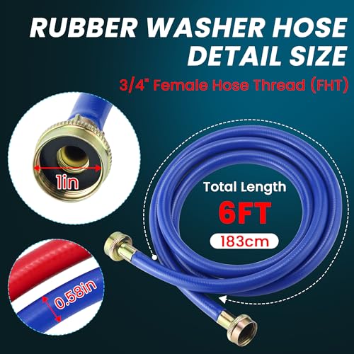 Fetechmate 6ft Rubber Washing Machine Hoses - Burst-Proof, 3/4-Inch NPT, Includes 2 Pack (6FT-Straight)