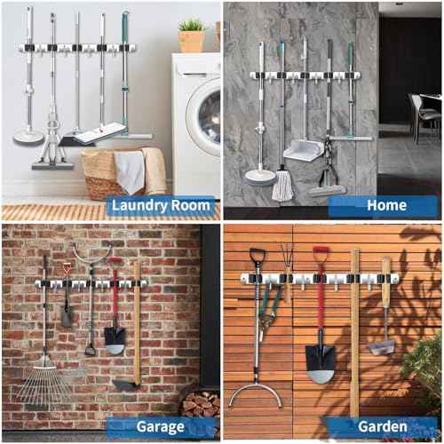 2 Pack Wall Mount, Stainless Steel Broom Hanger, Heavy Duty Mop and Broom Holder Tool Racks Utility Hooks for Laundry Room Garden Garage, Grey (4 Racks and 5 Hooks)