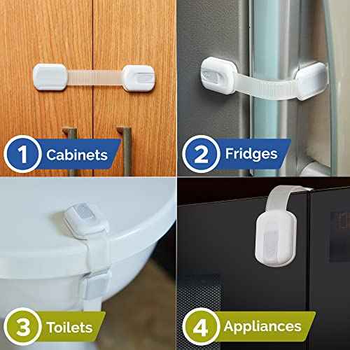 Child Safety Strap Locks (8-Pack) Baby Locks for Cabinets and Drawers, Toilet, Fridge & More. 3M Adhesive Pads. Easy Installation. (White/Gray)
