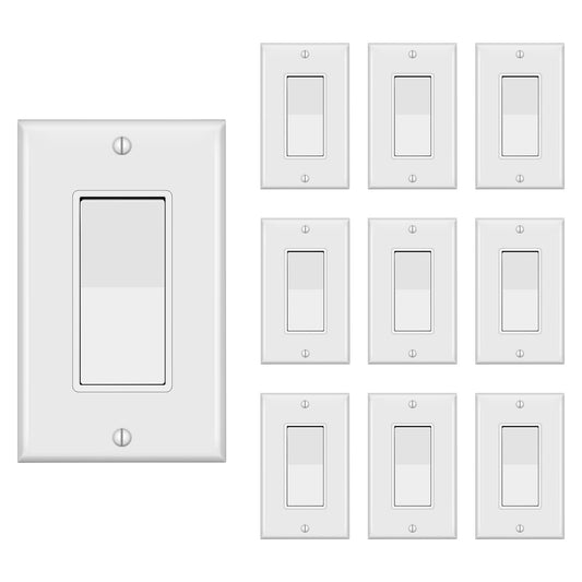 3 Way Decorator Switch with Wall Plate, Electrical Rocker Light Switch, Single Pole or Three Way, 3 Wire, 15A 120V/277V, UL Listed, White (10 Pack)